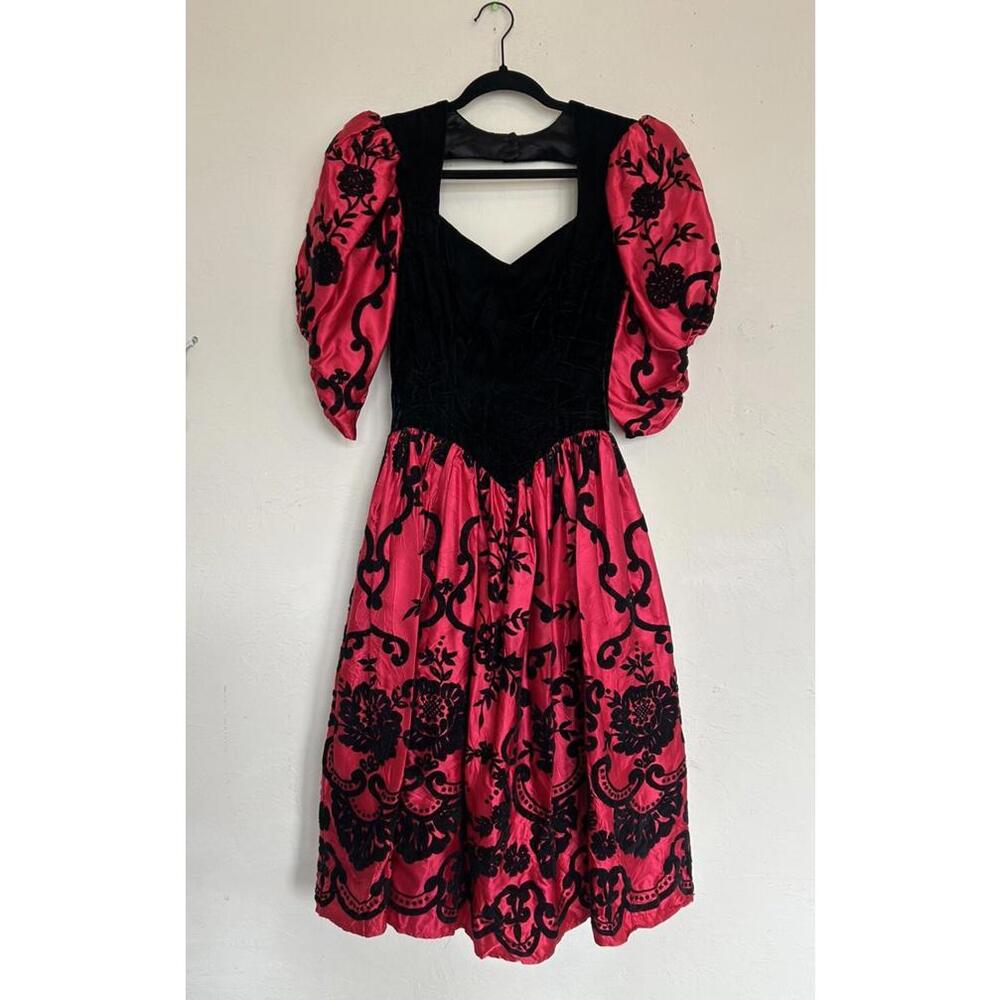 Vintage Gunne Sax Red Satin Midi Formal Dress Black Velvet Puff S Regency Gothic